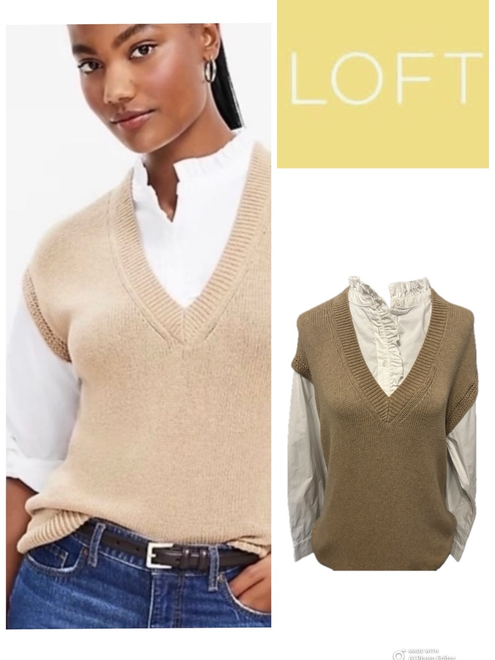 LOFT Mixed Media Sweater Vest Mock Neck Blouse 2-in-1 Top Size M EUC